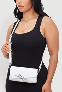 Womens Chic Metallic Detail Faux Leather Crossbody Bag with Removable Strap, White