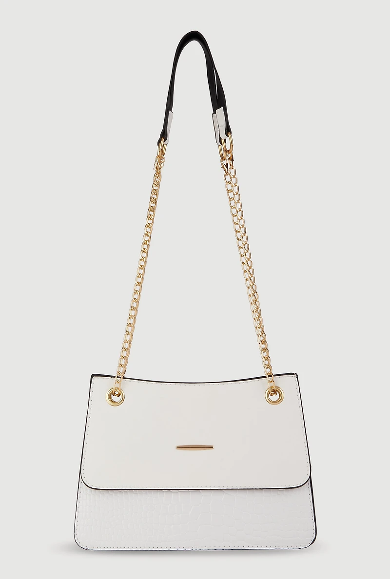 Womens Chic Metallic Faux Leather Crossbody Bag with Removable Strap, White