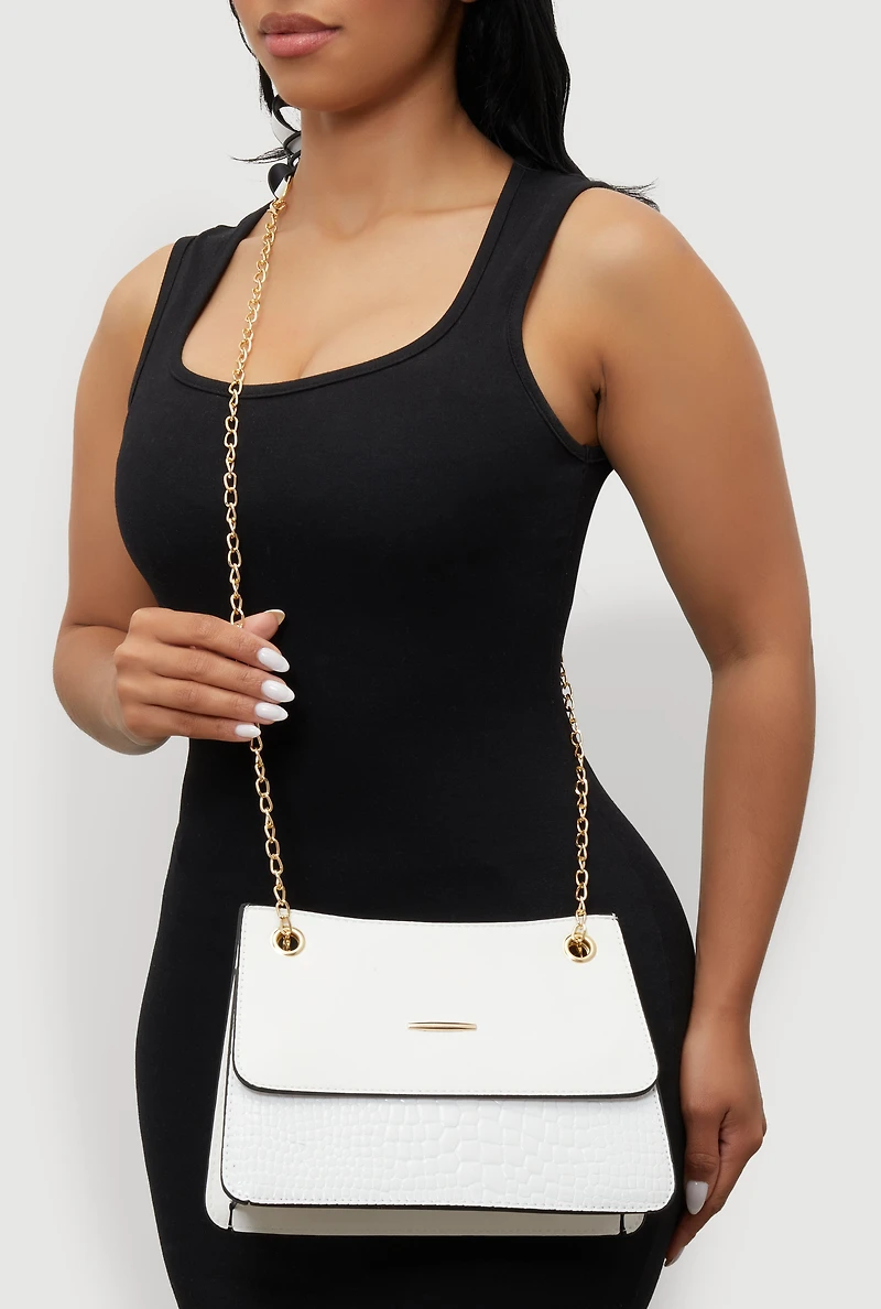 Womens Chic Metallic Faux Leather Crossbody Bag with Removable Strap, White