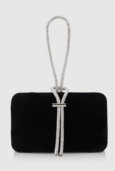 Womens Rhinestone Rope Faux Suede Crossbody Clutch Bag, Black