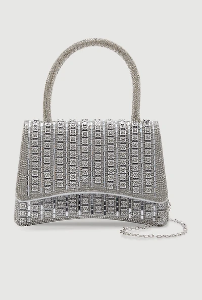 Womens Rhinestone Studded Crossbody Bag with Removable Strap, Silver