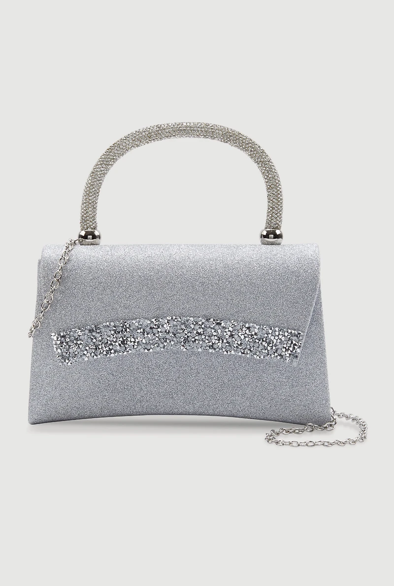 Womens Chic Glittery Rhinestone Studded Chain Crossbody Bag, Silver