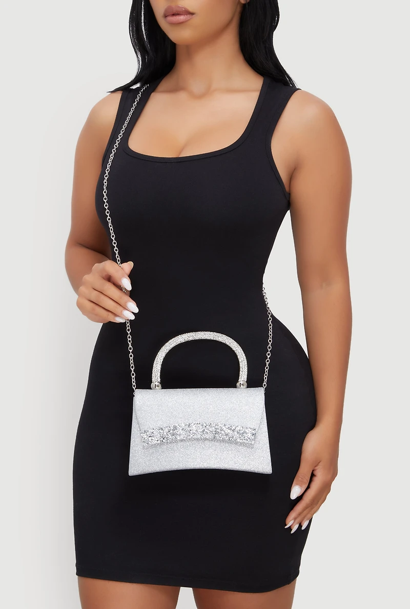 Womens Chic Glittery Rhinestone Studded Chain Crossbody Bag, Silver