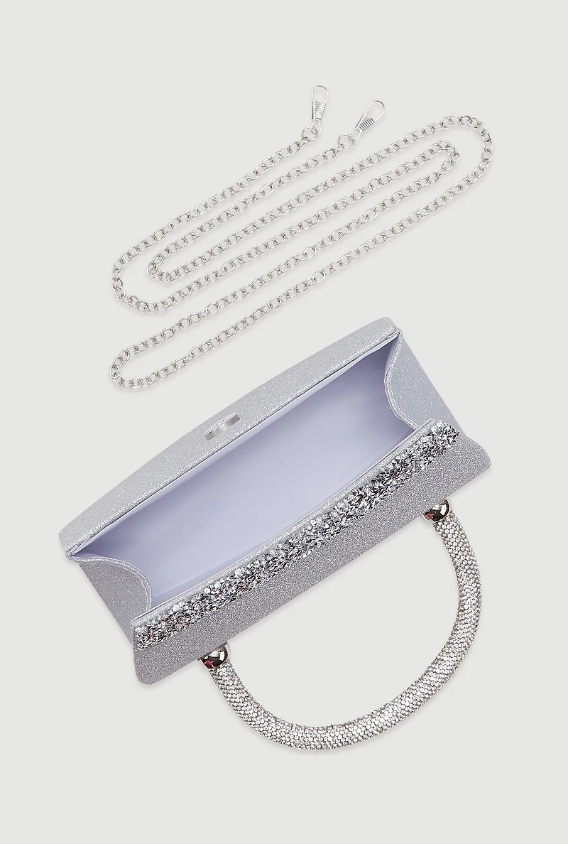 Womens Chic Glittery Rhinestone Studded Chain Crossbody Bag, Silver