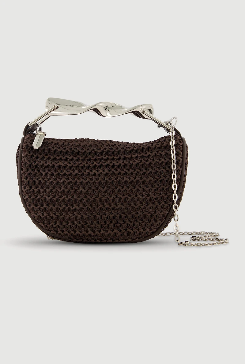 Twisted Metallic Handle Raffia Crossbody Handbag