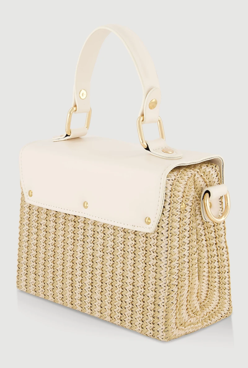 Twist Lock Faux Suede Detail Raffia Crossbody Handbag