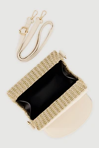 Twist Lock Faux Suede Detail Raffia Crossbody Handbag