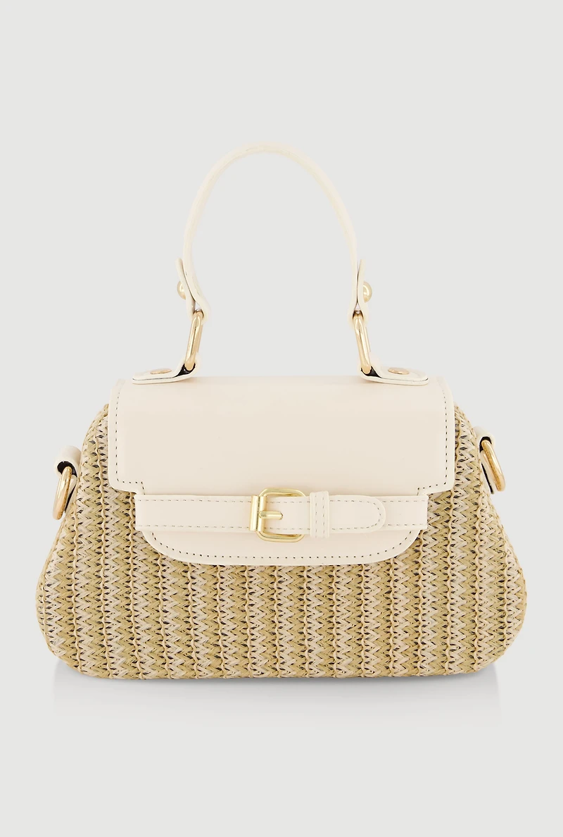 Faux Suede Detail Raffia Crossbody Handbag