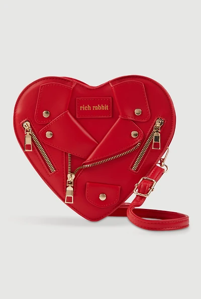 Womens Faux Leather Rich Rabbit Graphic Heart Shaped Crossbody Bag, Red