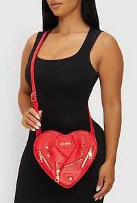 Womens Faux Leather Rich Rabbit Graphic Heart Shaped Crossbody Bag, Red