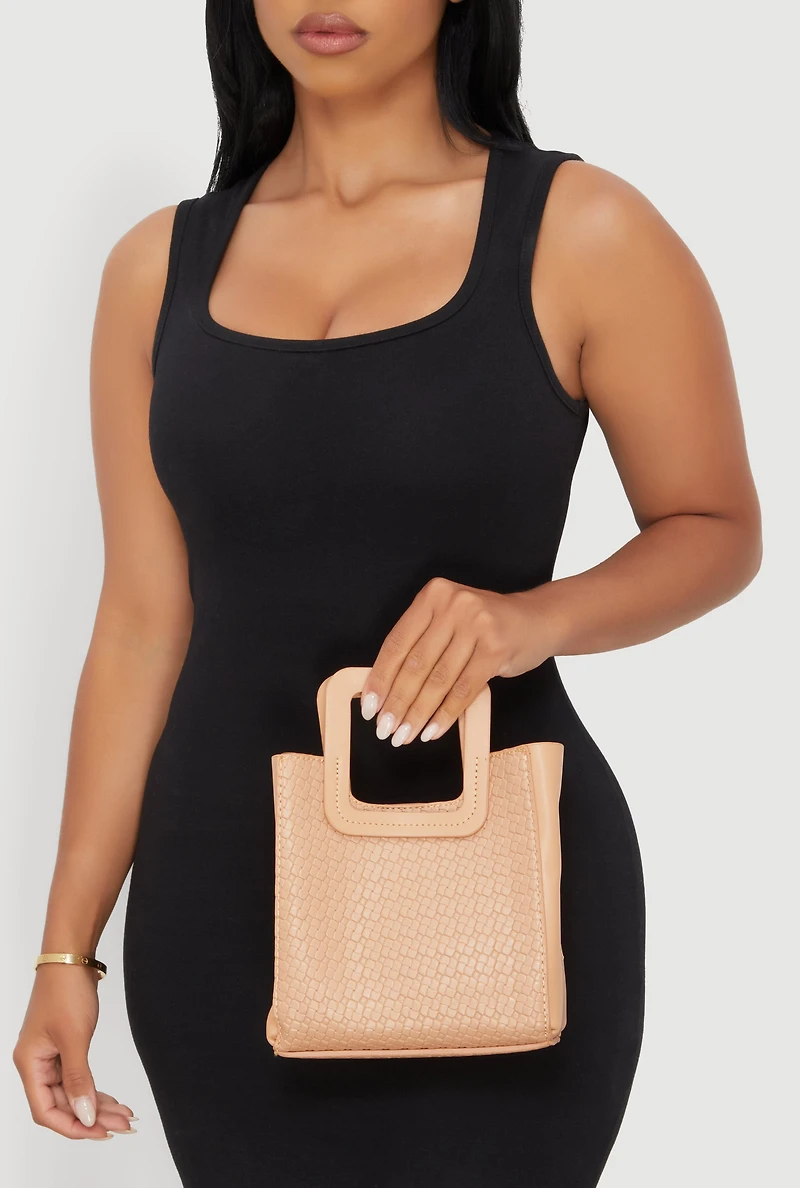 Womens Faux Leather Basketweave Convertible Handbag, Beige