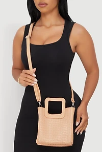 Womens Faux Leather Basketweave Convertible Handbag, Beige