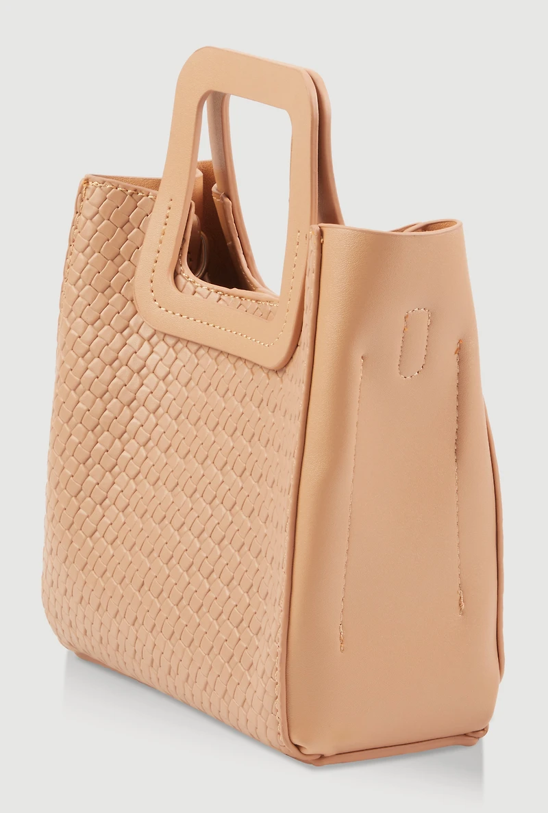 Womens Faux Leather Basketweave Convertible Handbag, Beige