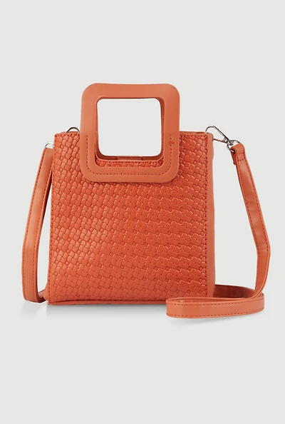 Womens Faux Leather Basketweave Convertible Handbag, Orange