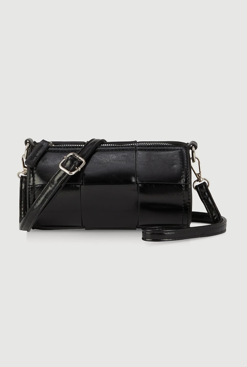 Womens Faux Leather Woven Cylinder Crossbody Bag, Black