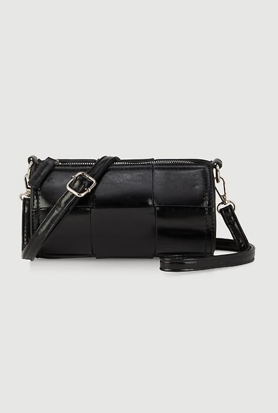 Womens Faux Leather Woven Cylinder Crossbody Bag, Black