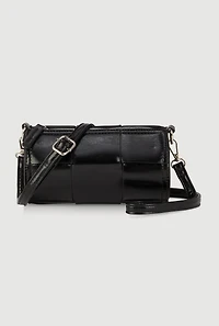 Womens Faux Leather Woven Cylinder Crossbody Bag, Black