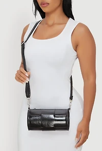 Womens Faux Leather Woven Cylinder Crossbody Bag, Black