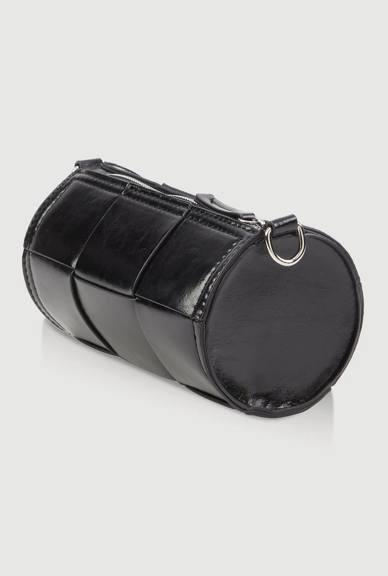 Womens Faux Leather Woven Cylinder Crossbody Bag, Black
