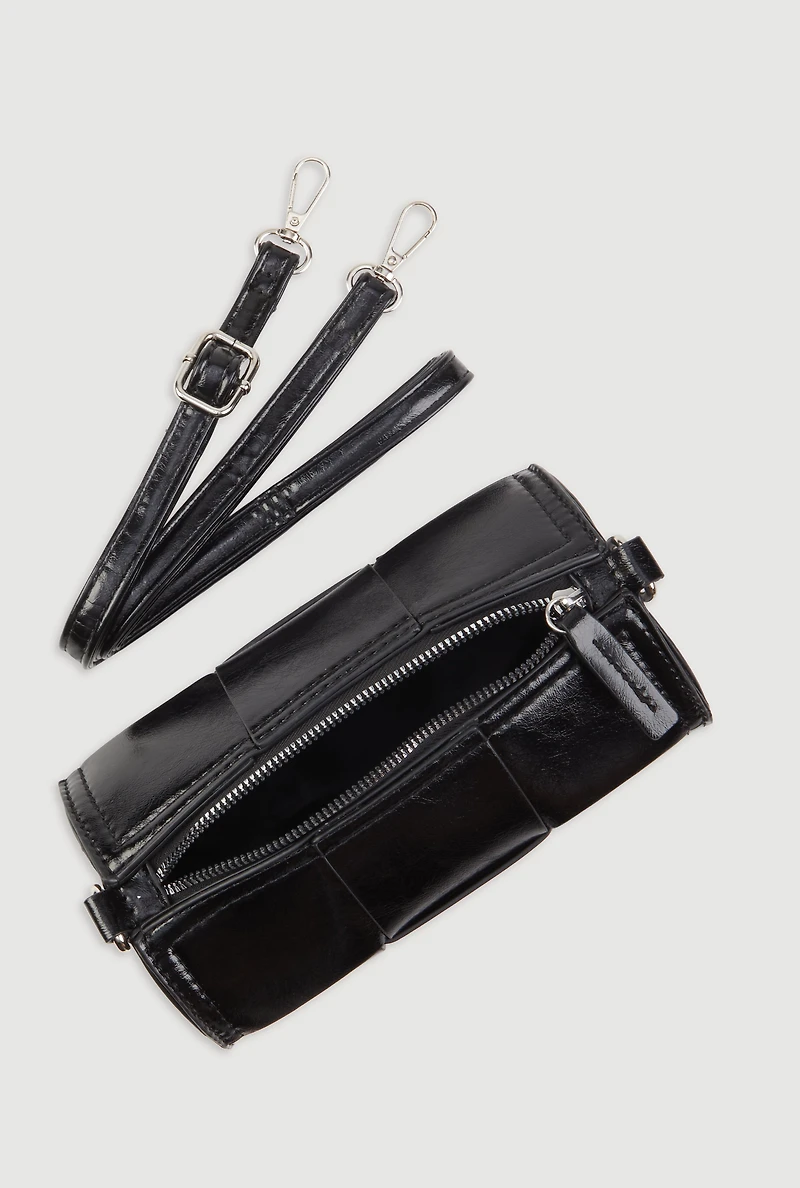 Womens Faux Leather Woven Cylinder Crossbody Bag, Black