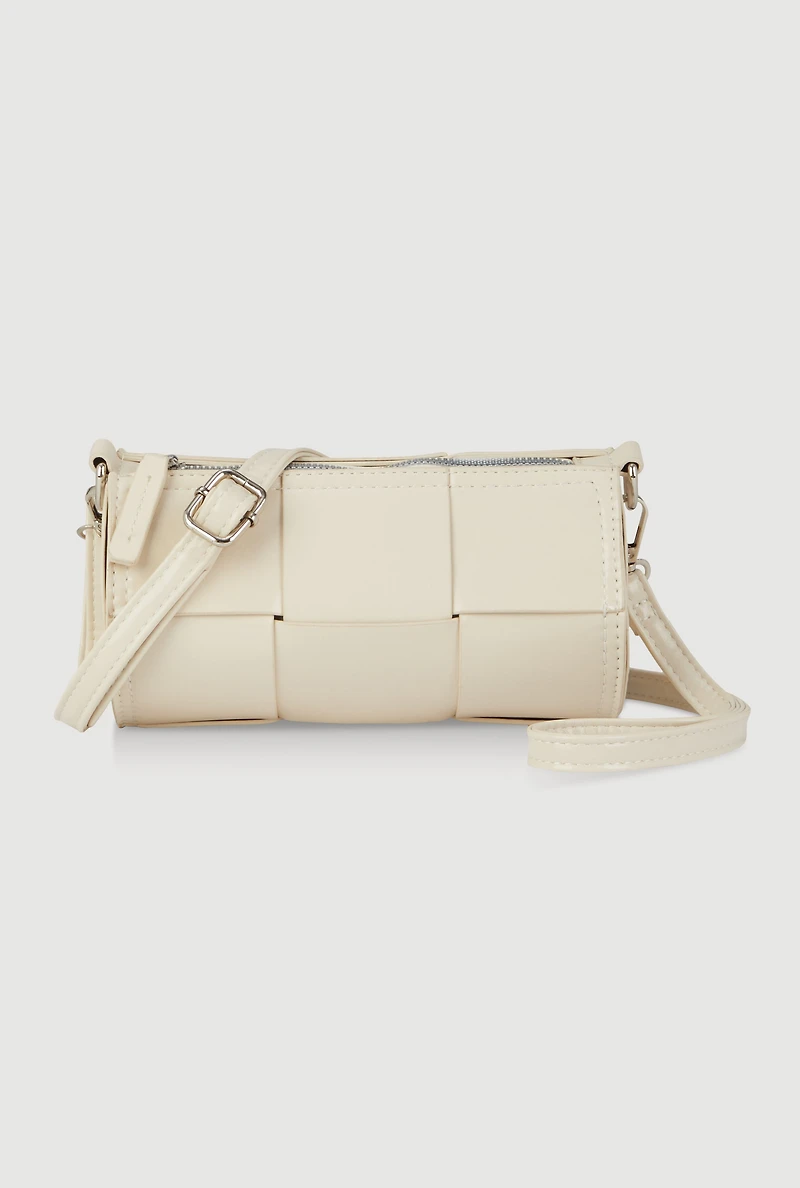 Womens Faux Leather Woven Cylinder Crossbody Bag,