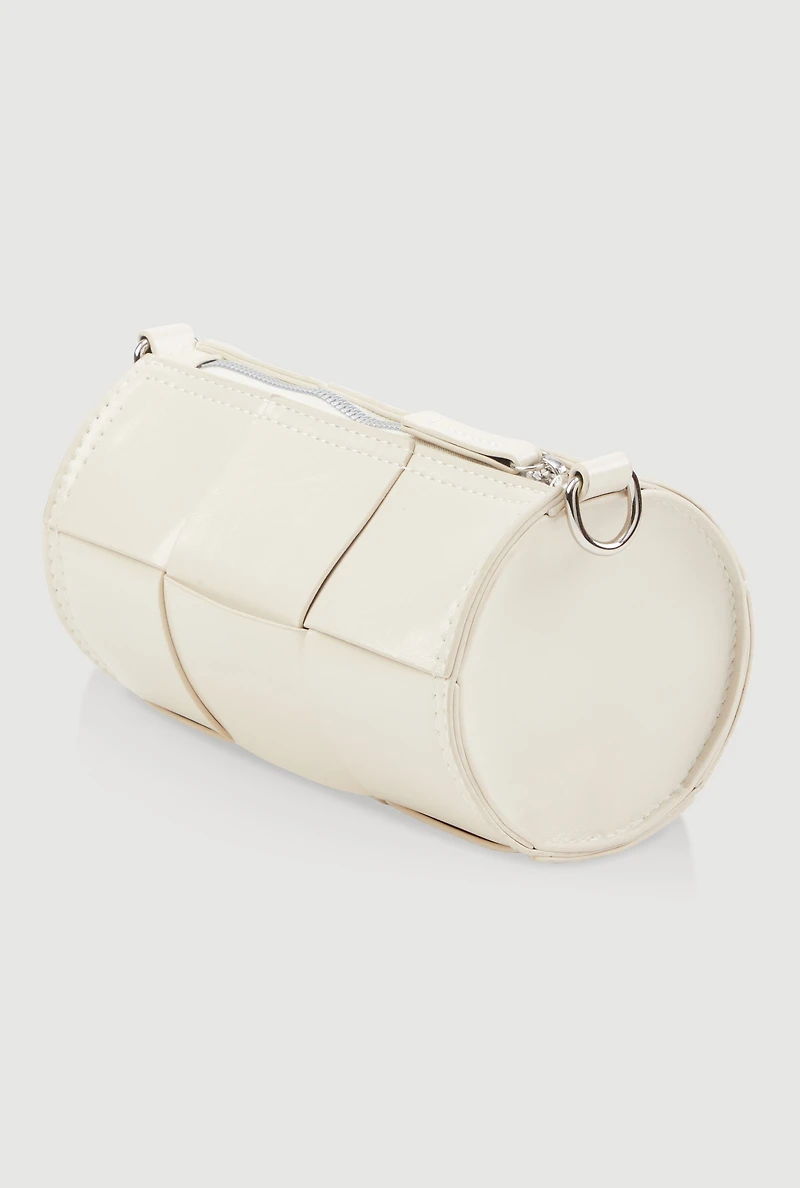 Womens Faux Leather Woven Cylinder Crossbody Bag,