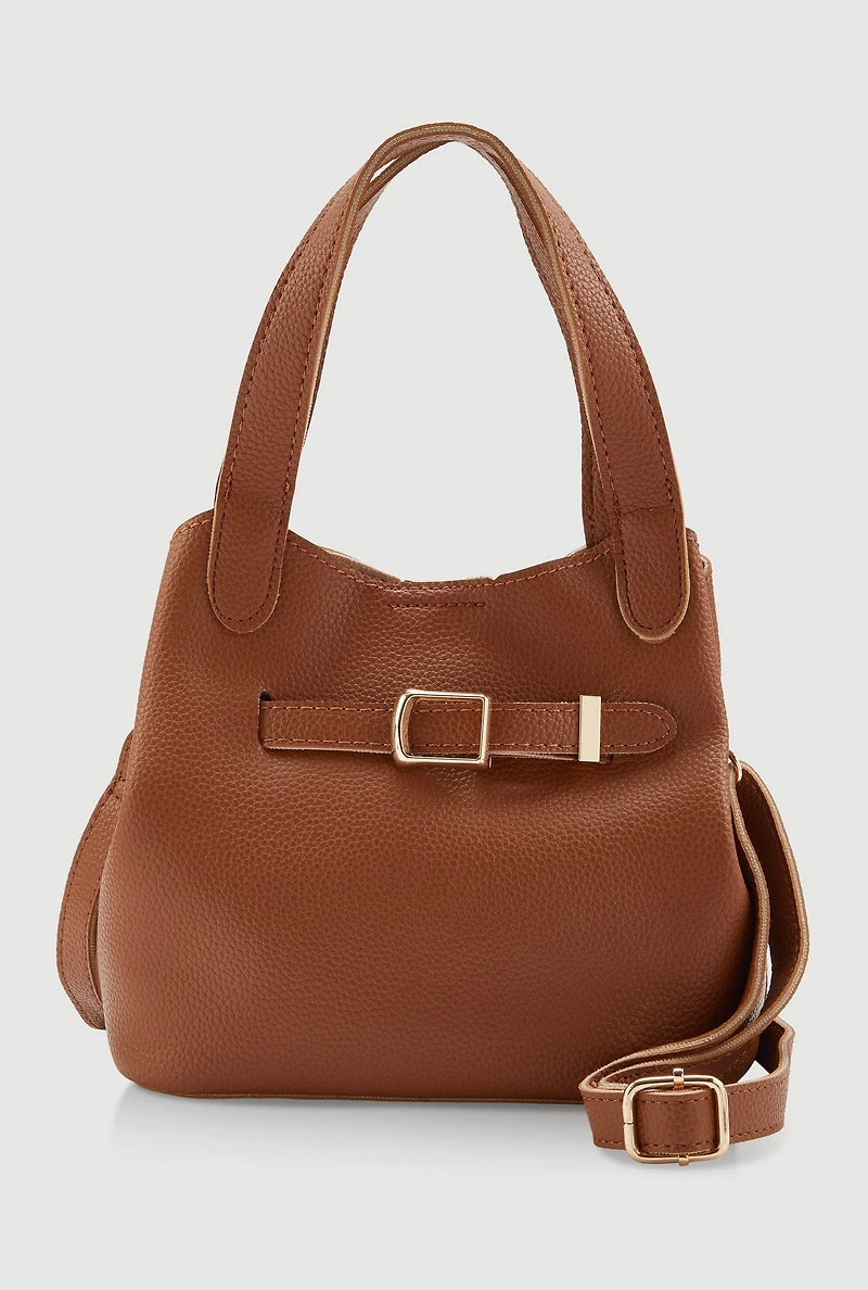 Womens Belt Detail Convertible Bucket Bag, Brown