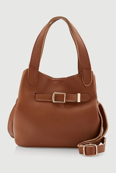 Womens Belt Detail Convertible Bucket Bag, Brown