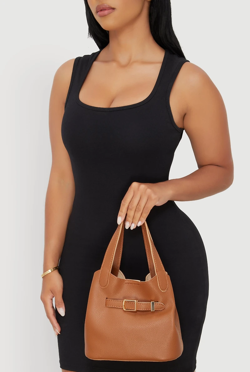 Womens Belt Detail Convertible Bucket Bag, Brown