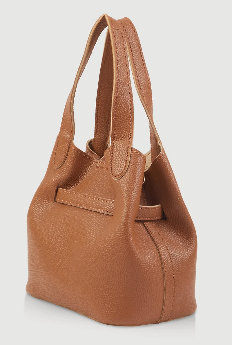 Womens Belt Detail Convertible Bucket Bag, Brown