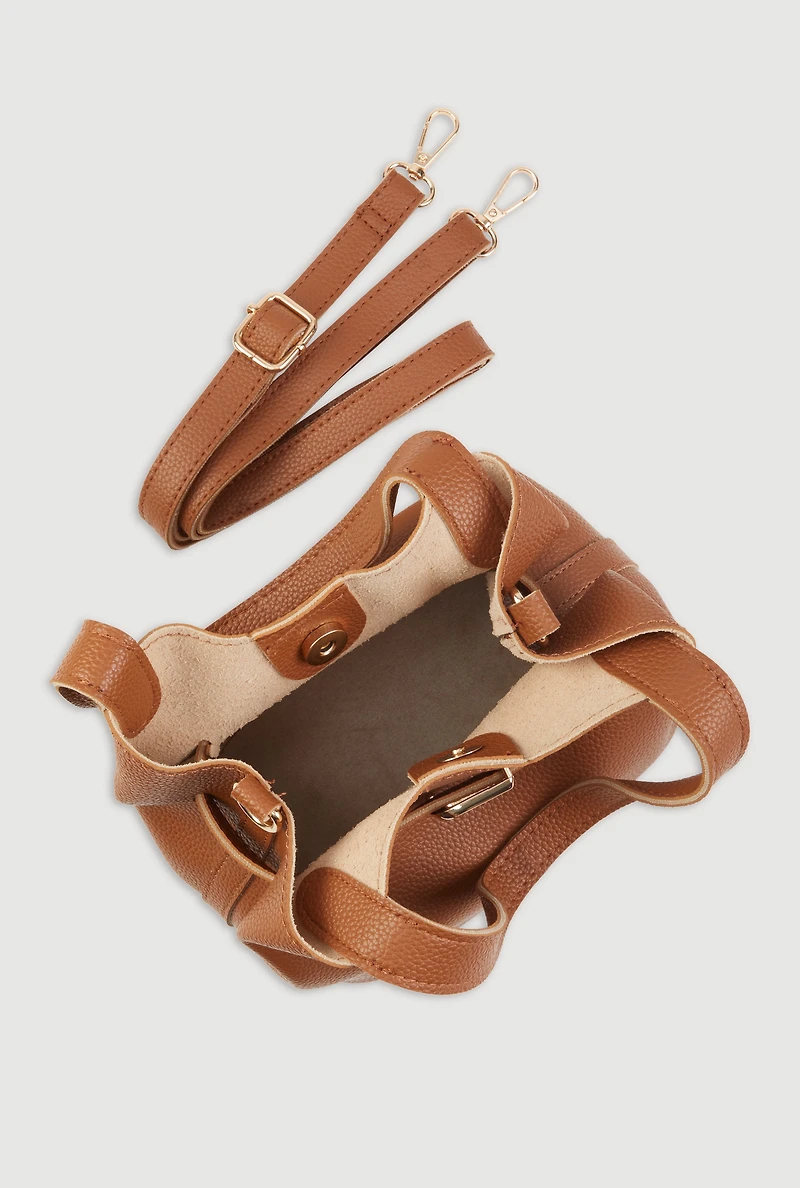 Womens Belt Detail Convertible Bucket Bag, Brown