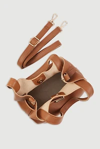 Womens Belt Detail Convertible Bucket Bag, Brown