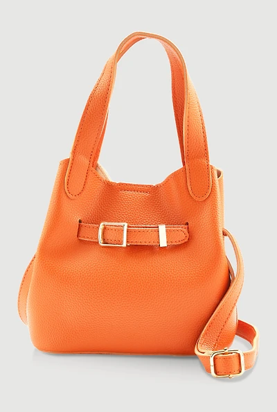 Womens Belt Detail Convertible Bucket Bag, Orange