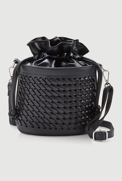 Womens Woven Faux Leather Crossbody Bucket Bag, Black