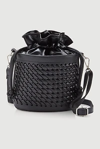 Womens Woven Faux Leather Crossbody Bucket Bag, Black