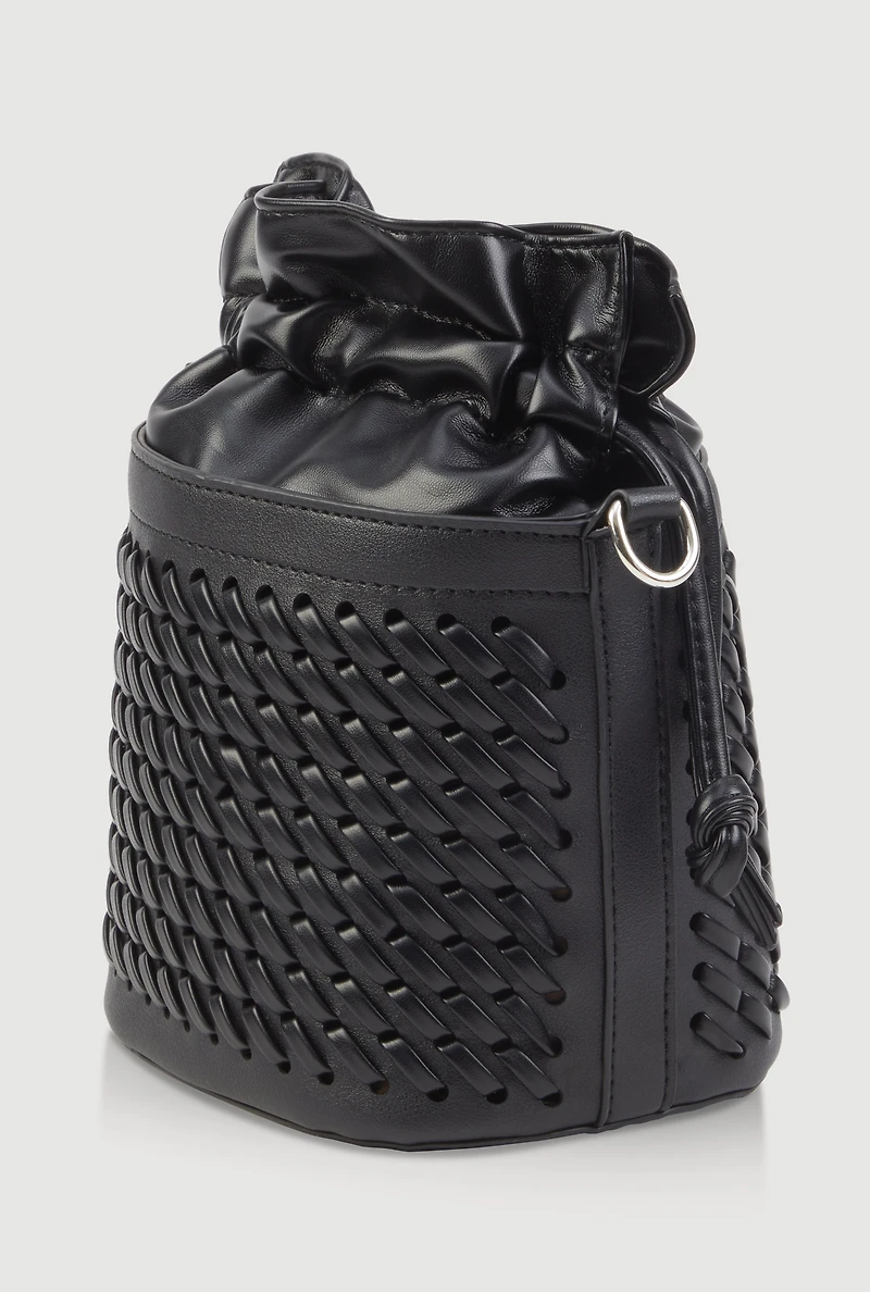 Womens Woven Faux Leather Crossbody Bucket Bag, Black