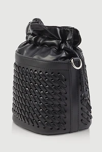 Womens Woven Faux Leather Crossbody Bucket Bag, Black
