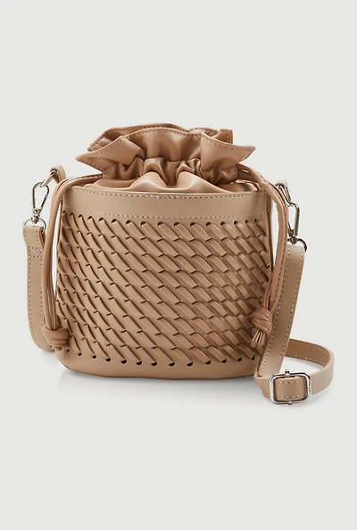 Womens Woven Faux Leather Crossbody Bucket Bag, Brown