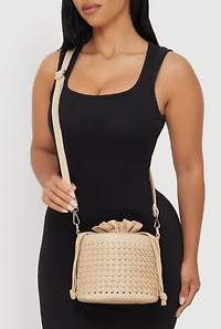 Womens Woven Faux Leather Crossbody Bucket Bag, Brown