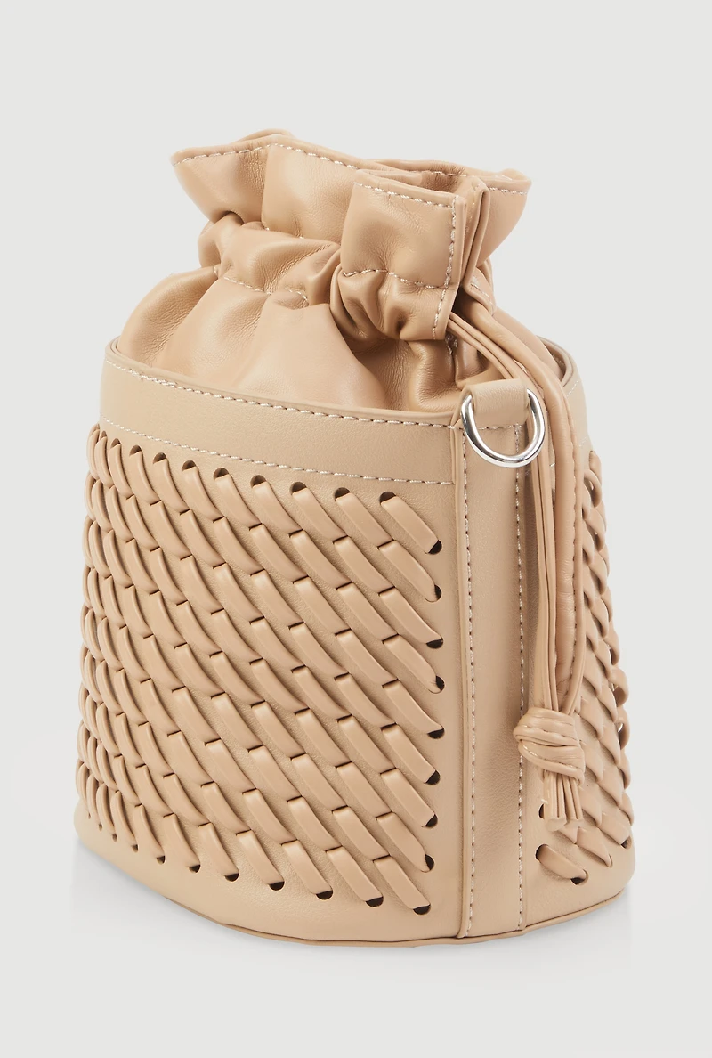 Womens Woven Faux Leather Crossbody Bucket Bag, Brown