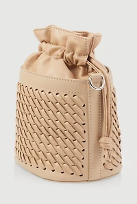 Womens Woven Faux Leather Crossbody Bucket Bag, Brown