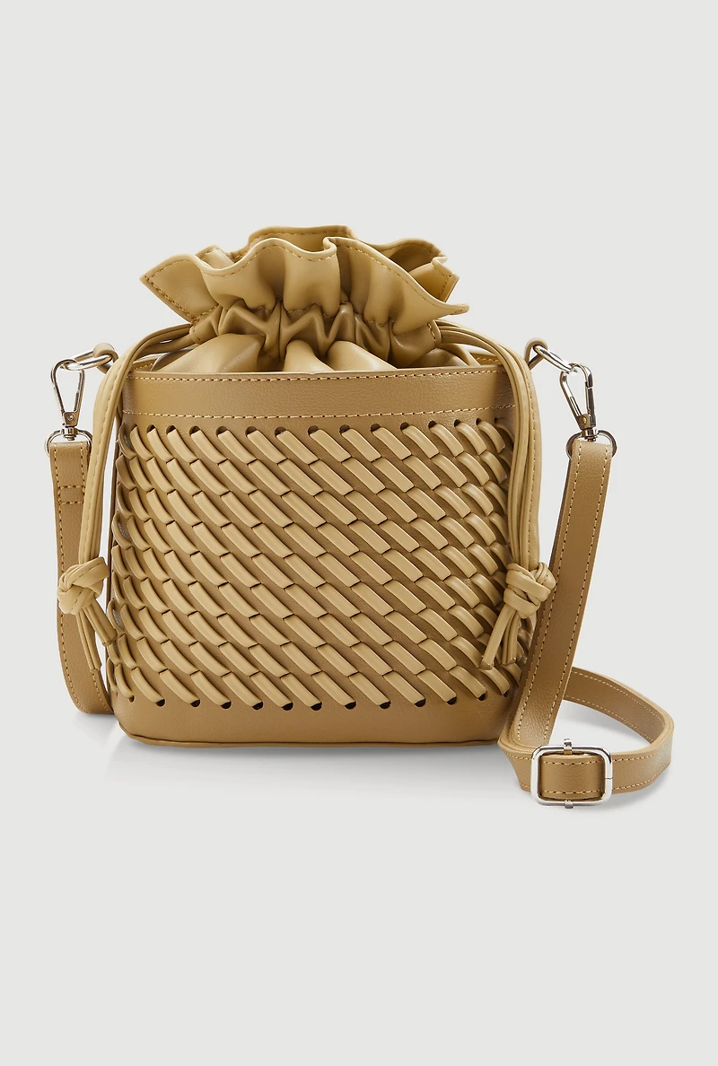 Woven Faux Leather Crossbody Bucket Bag