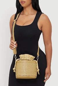 Womens Woven Faux Leather Crossbody Bucket Bag, Green