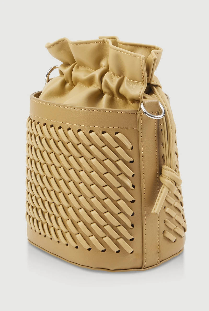 Womens Woven Faux Leather Crossbody Bucket Bag, Green