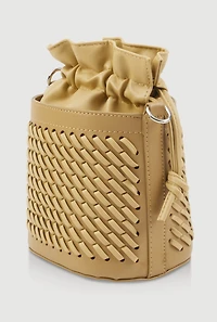 Womens Woven Faux Leather Crossbody Bucket Bag, Green