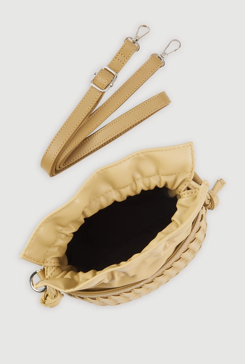 Womens Woven Faux Leather Crossbody Bucket Bag, Green