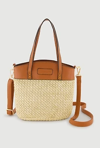 Straw Crossbody Bag with Faux Leather Straps