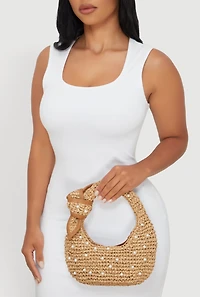 Womens Faux Pearl Embellished Straw Hobo Bag, Brown