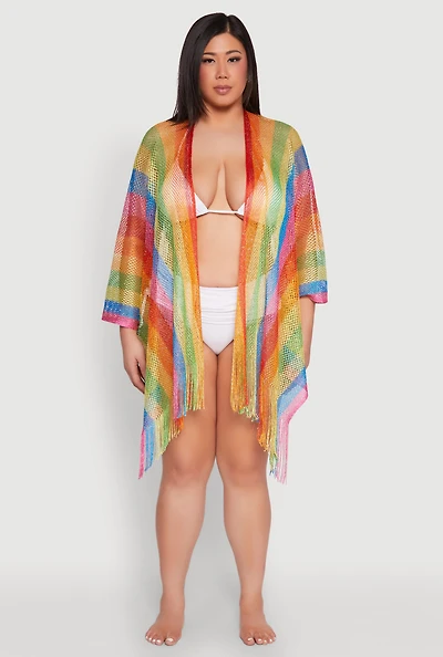 Womens Rainbow Stripe Cover Up Kimono, Multi