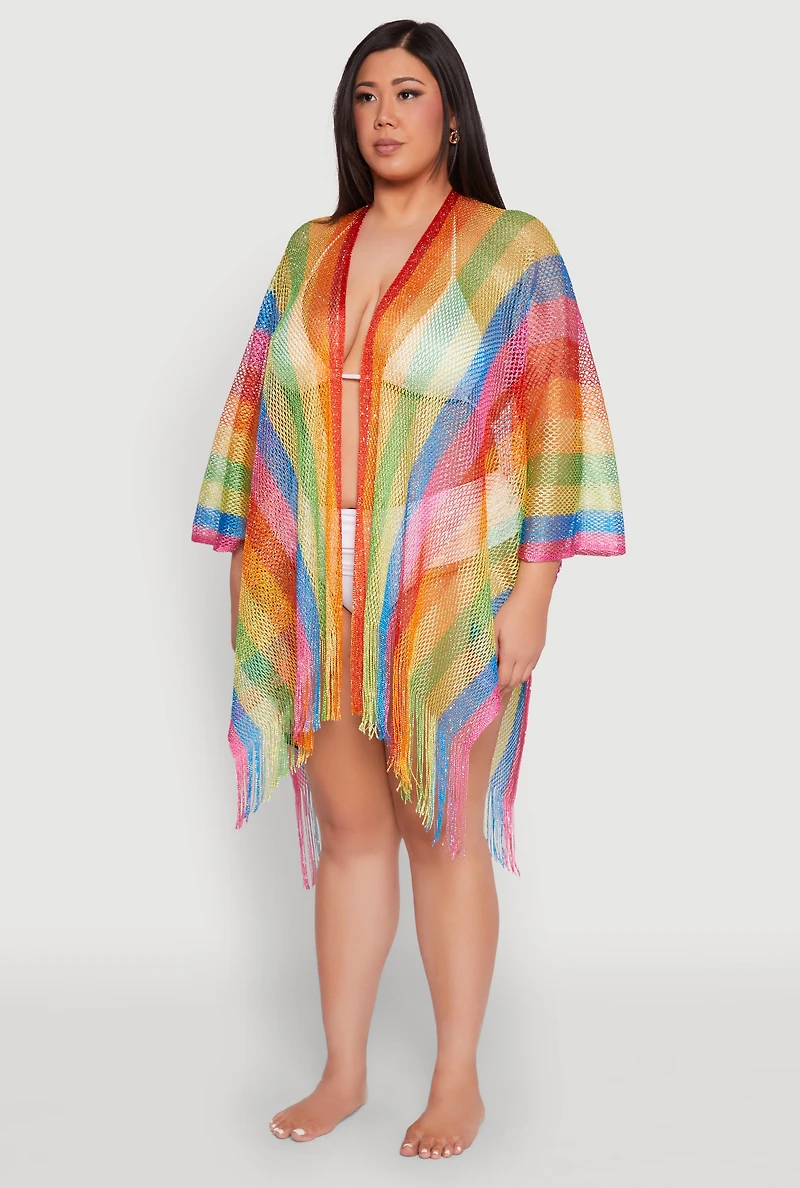 Womens Rainbow Stripe Cover Up Kimono, Multi